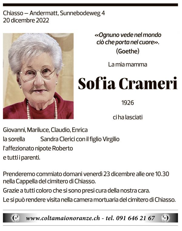 Annuncio funebre Sofia Crameri