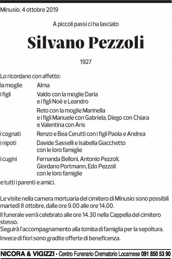 Annuncio funebre Silvano Pezzoli