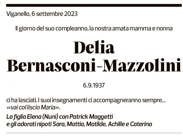 Annuncio funebre Delia Bernasconi-mazzolini