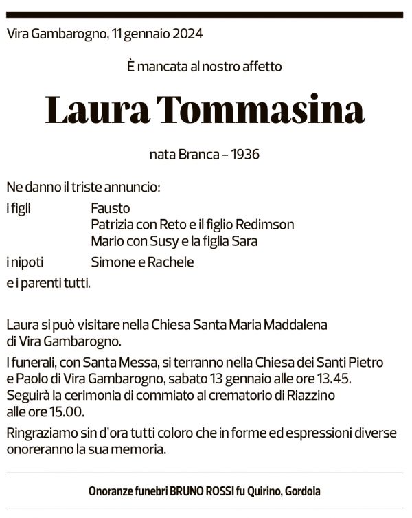 Annuncio funebre Laura Tommasina