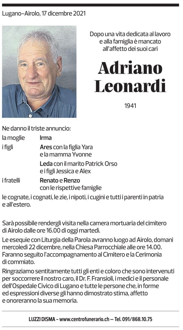 Annuncio funebre Adriano Leonardi