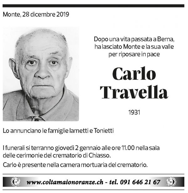 Annuncio funebre Carlo Travella