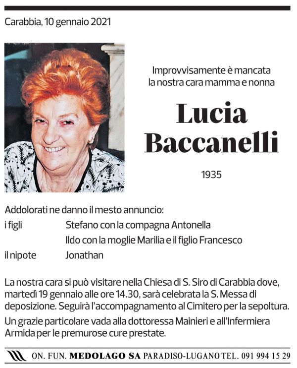 Annuncio funebre Lucia Baccanelli