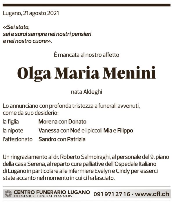 Annuncio funebre Olga Maria Menini