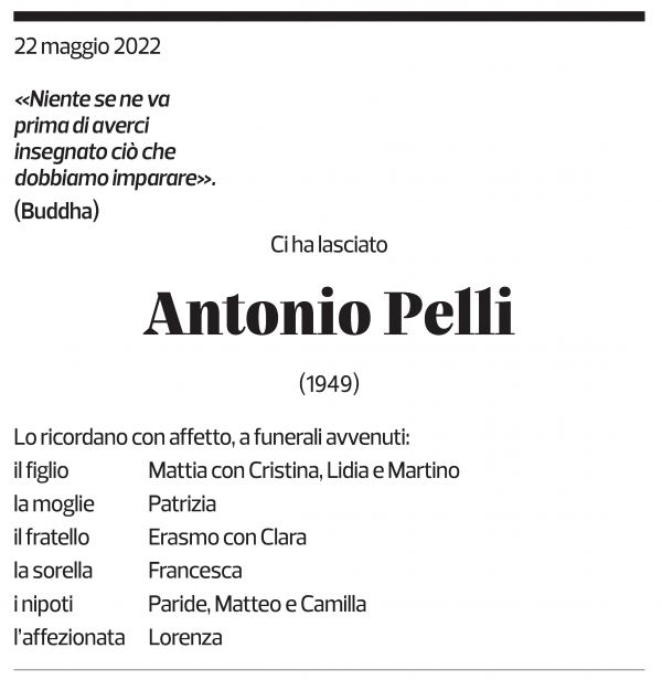 Annuncio funebre Antonio Pelli