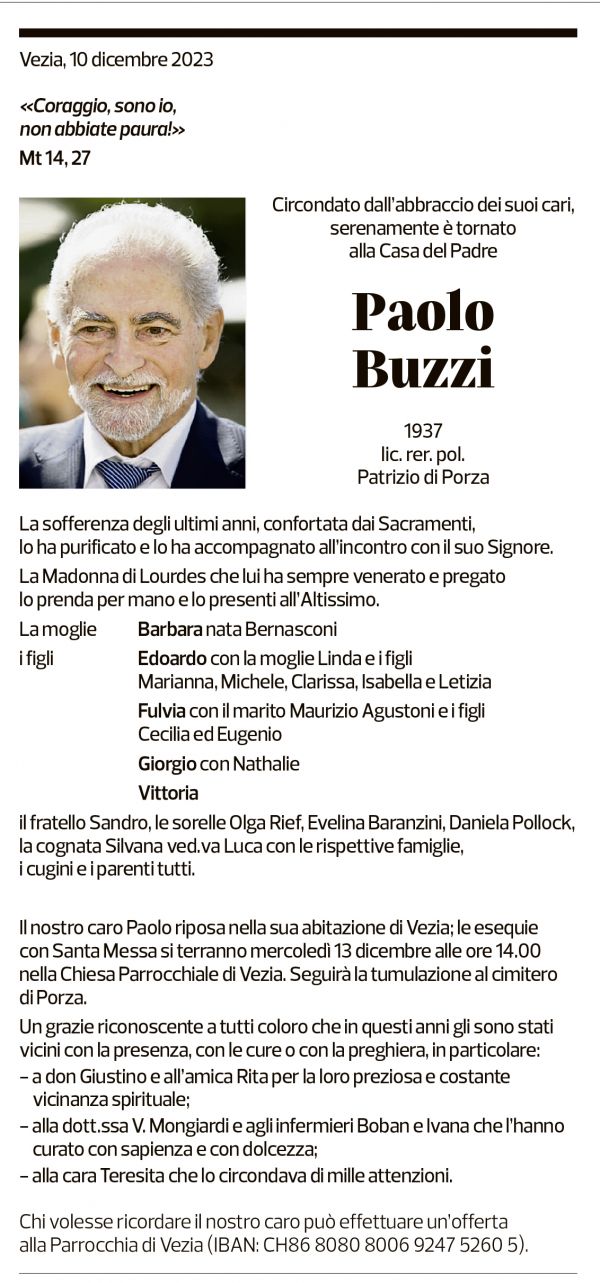 Annuncio funebre Paolo Buzzi