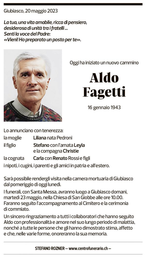 Annuncio funebre Aldo Fagetti