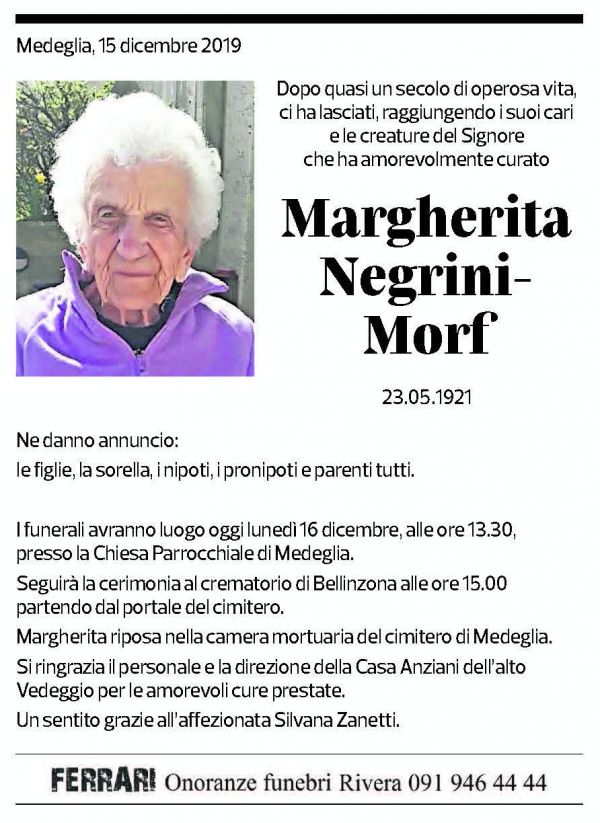 Annuncio funebre Margherita Negrini-morf