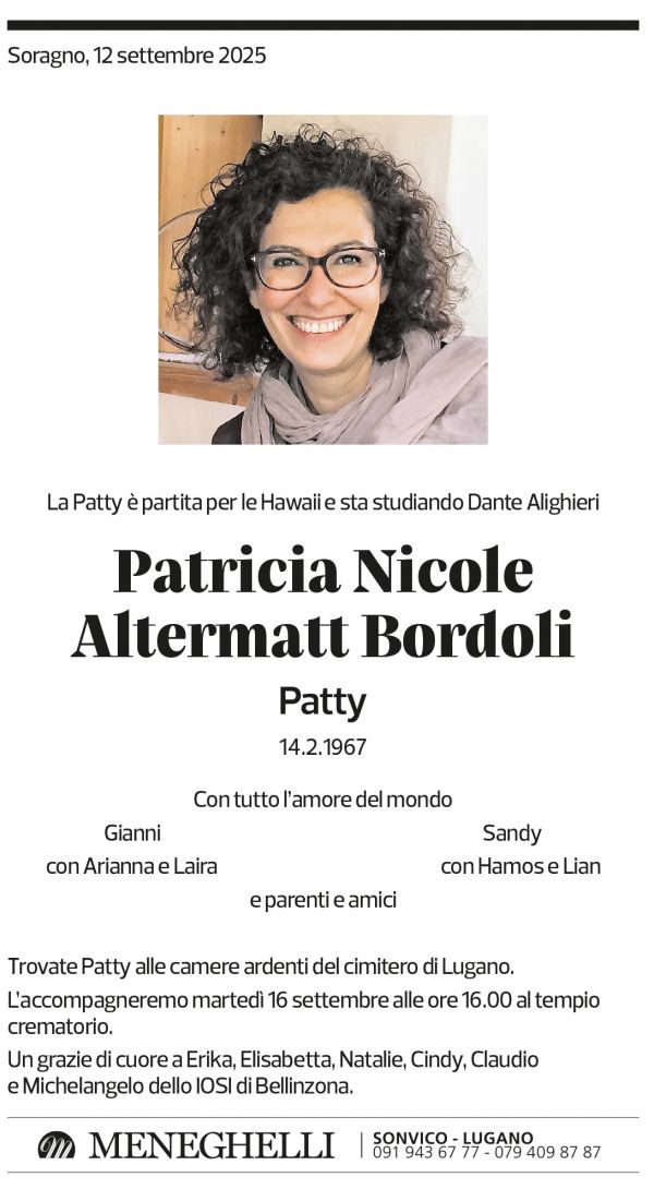 Annuncio funebre Patricia Nicole Altermatt Bordoli