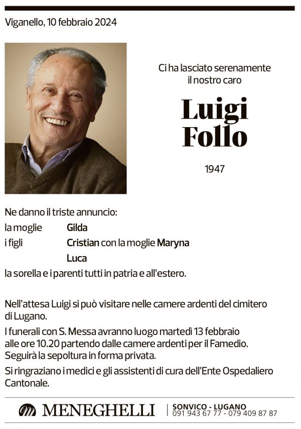 Annuncio funebre Luigi Follo