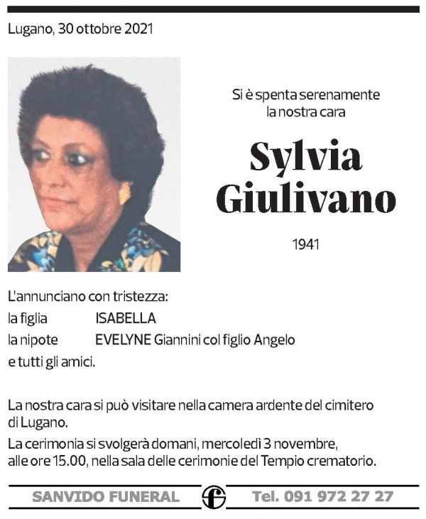 Annuncio funebre Sylvia Giulivano