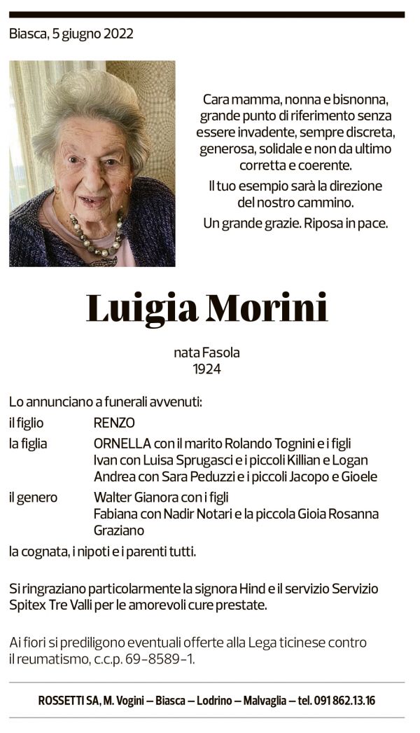 Annuncio funebre Luigia Morini