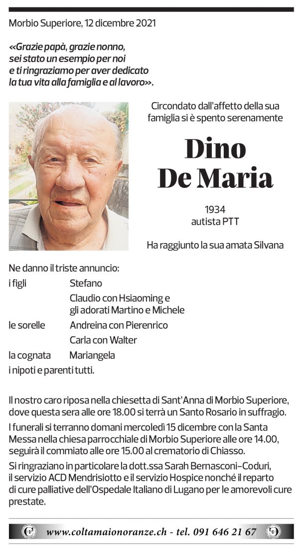 Annuncio funebre Dino De Maria