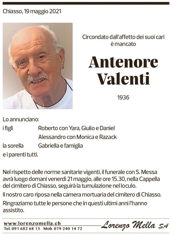 Annuncio funebre Antenore Valenti