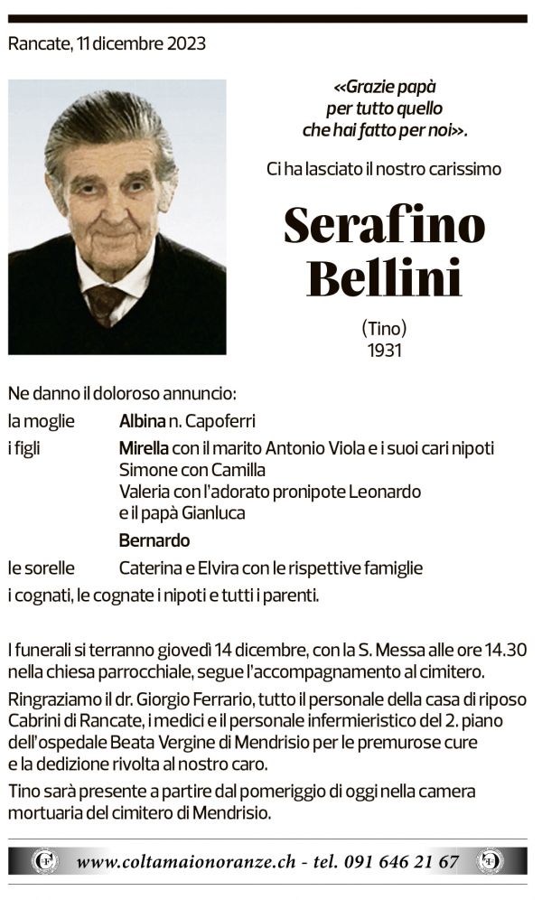 Annuncio funebre Serafino Bellini