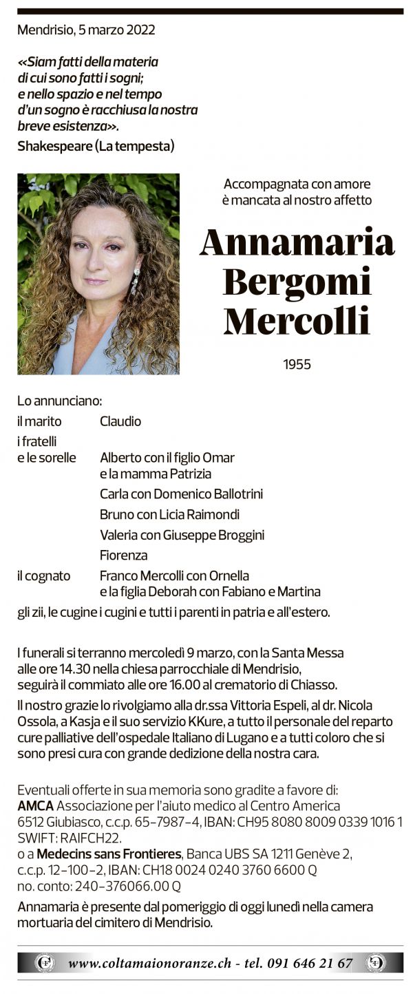 Annuncio funebre Annamaria Bergomi Mercolli