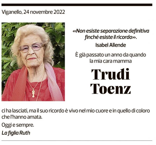 Annuncio funebre Trudi Toenz