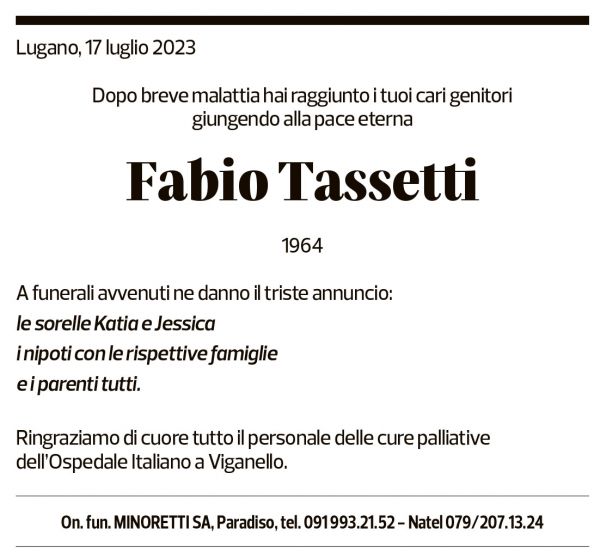 Annuncio funebre Fabio Tassetti