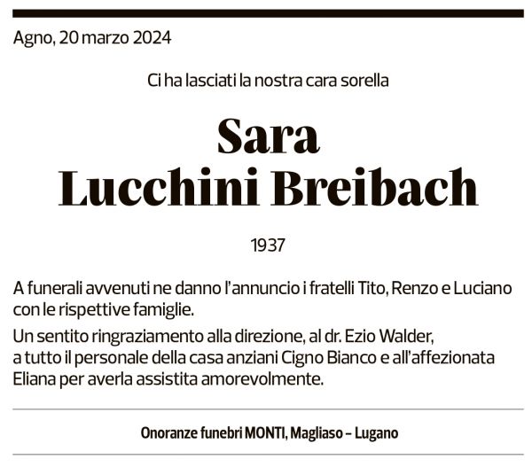 Annuncio funebre Sara Lucchini Breibach