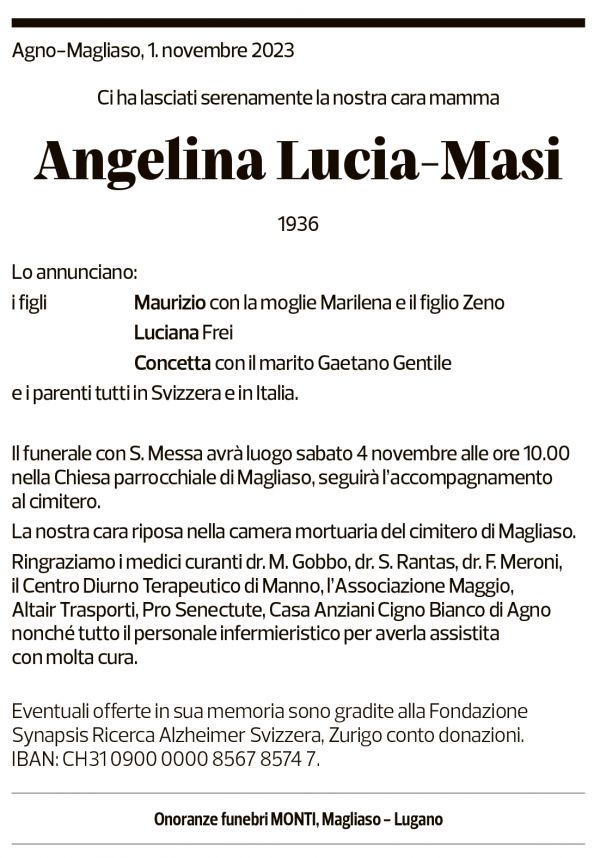 Annuncio funebre Angelina Lucia-masi