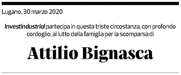 Annuncio funebre Attilio Bignasca