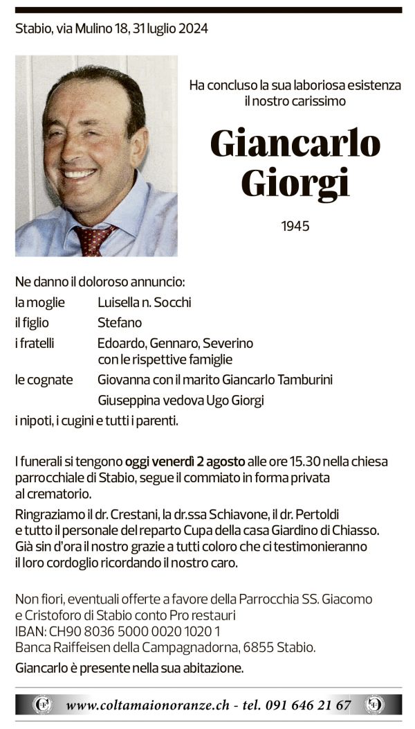 Annuncio funebre Giancarlo Giorgio