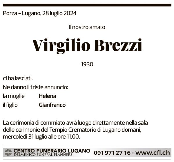 Annuncio funebre Virgilio Brezzi