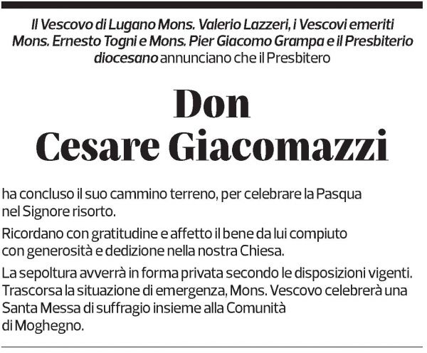 Annuncio funebre Don Cesare Giacomazzi