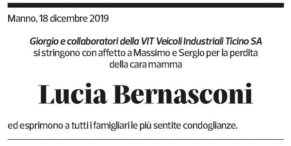 Annuncio funebre Lucia Bernasconi
