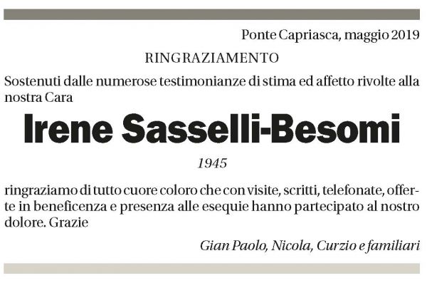 Annuncio funebre Irene Sasselli-besomi
