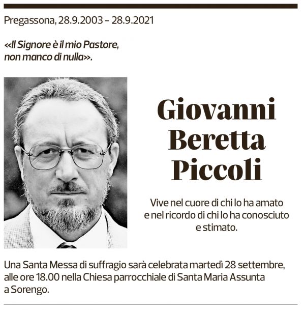 Annuncio funebre Giovanni Beretta Piccoli