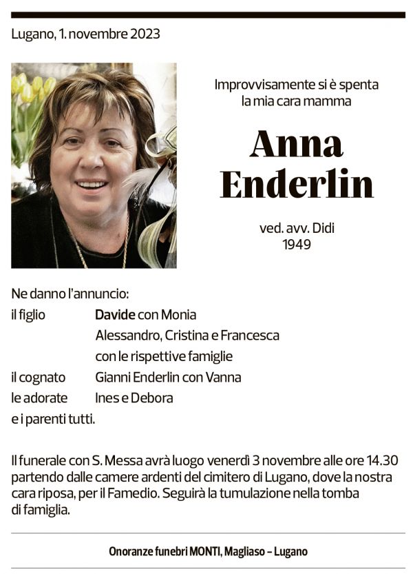 Annuncio funebre Anna Enderlin