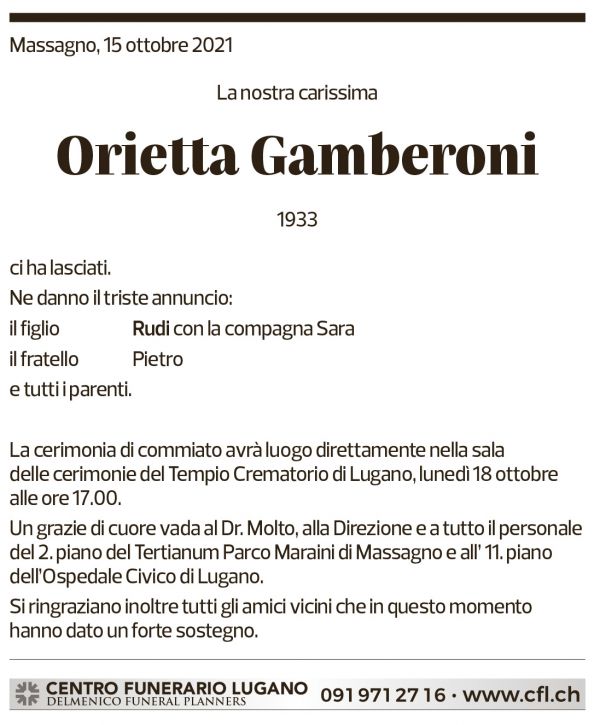 Annuncio funebre Orietta Gamberoni