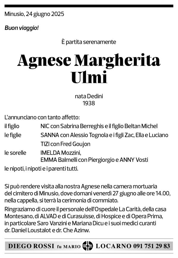 Annuncio funebre Agnese Margherita Ulmi