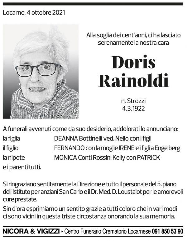 Annuncio funebre Doris Rainoldi