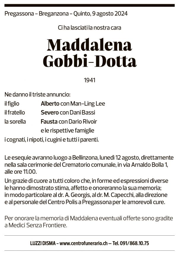 Annuncio funebre Maddalena Gobbi-dotta