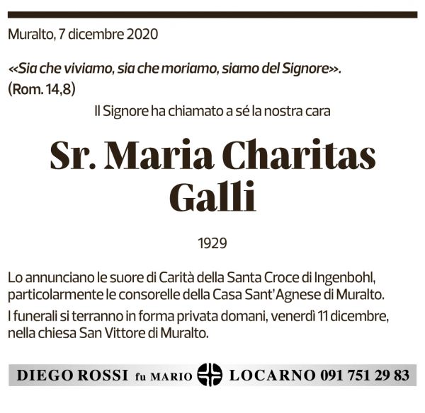 Annuncio funebre Suor Maria Charitas Galli