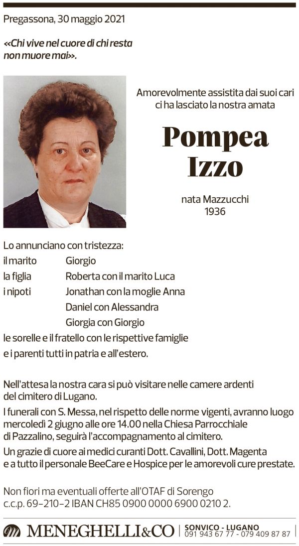 Annuncio funebre Pompea Izzo