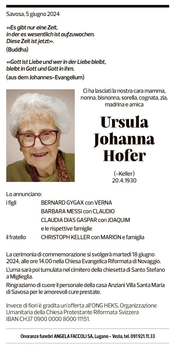 Annuncio funebre Ursula Johanna Hofer