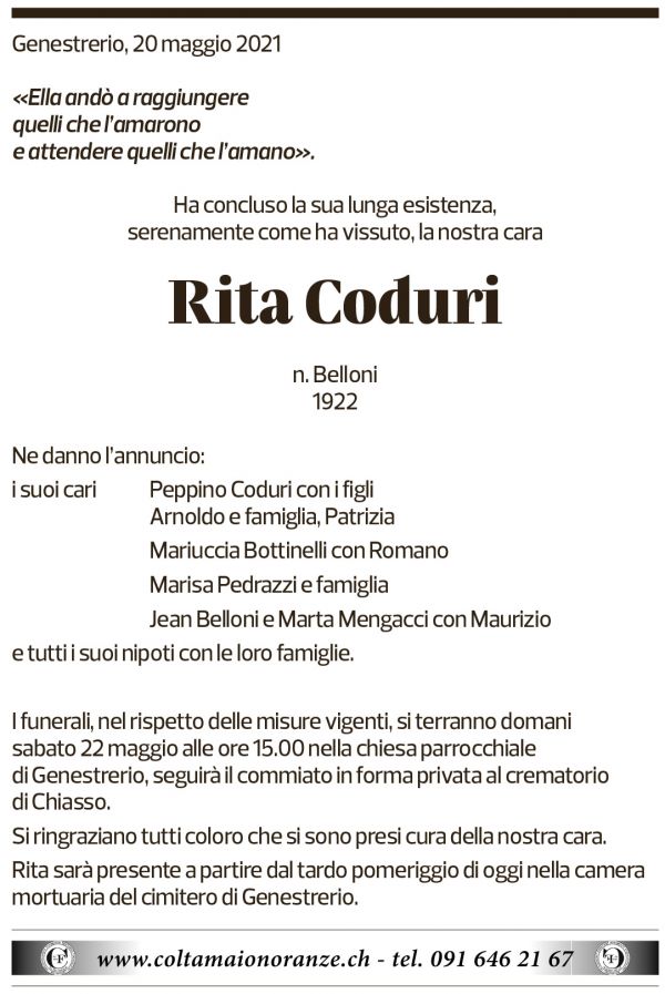 Annuncio funebre Rita Coduri