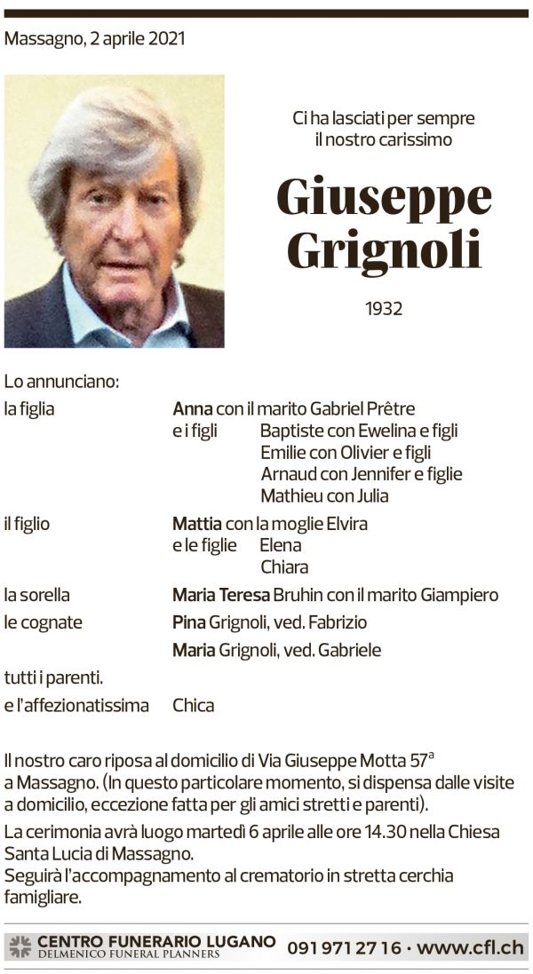 Annuncio funebre Giuseppe Grignoli