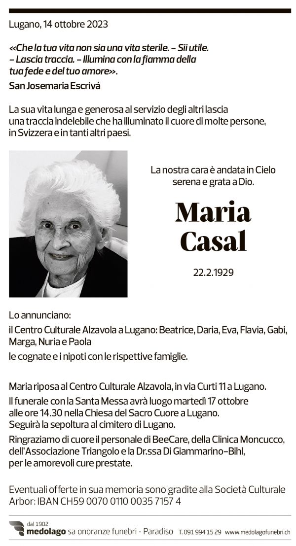 Annuncio funebre Maria Casal