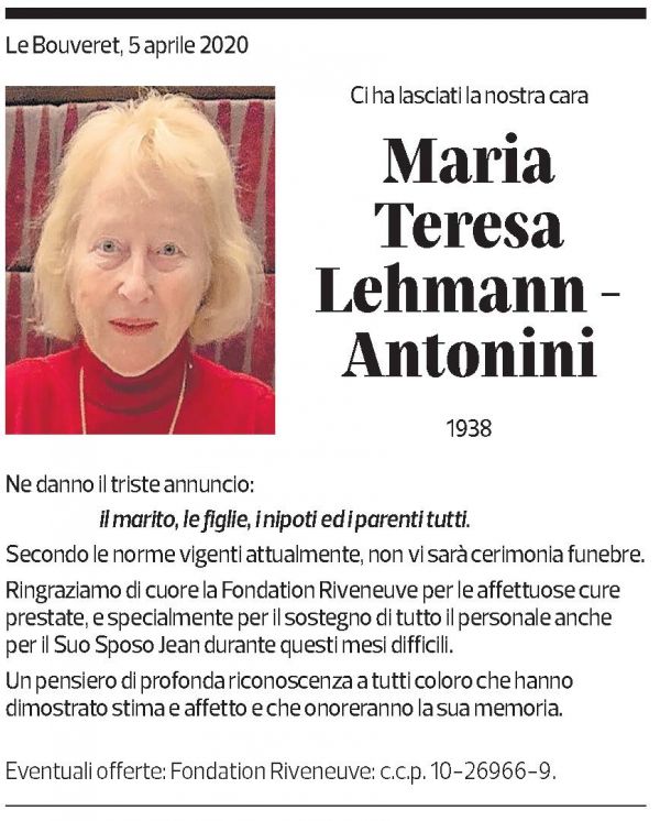 Annuncio funebre Maria Teresa Lehmann-antonini