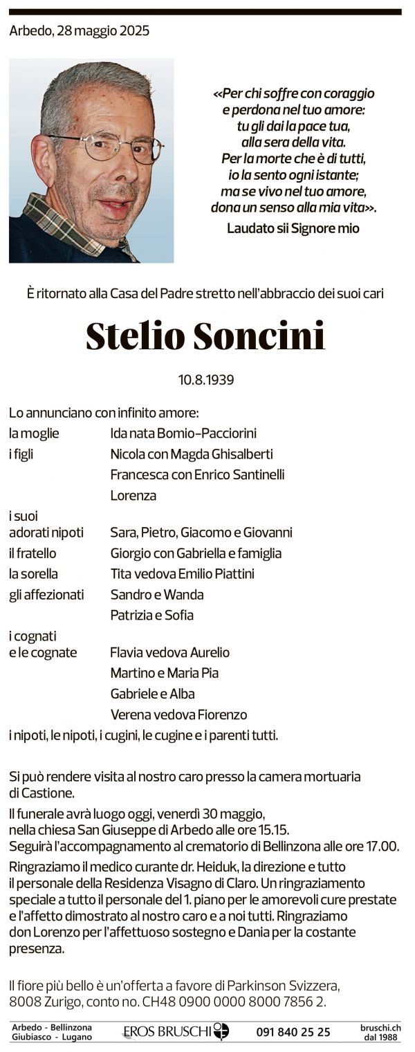 Annuncio funebre Stelio Soncini