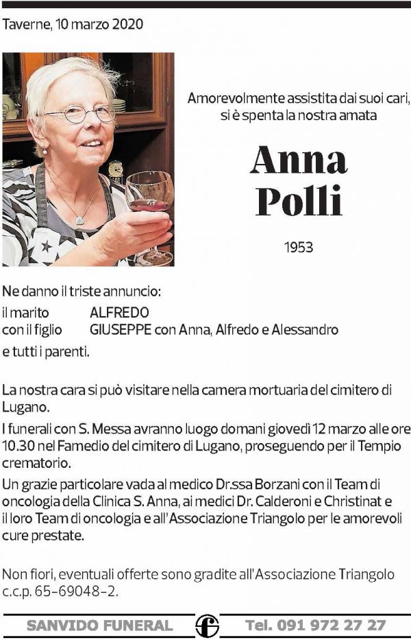 Annuncio funebre Anna Polli