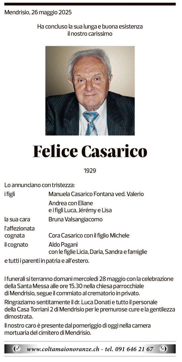 Annuncio funebre Felice Casarico