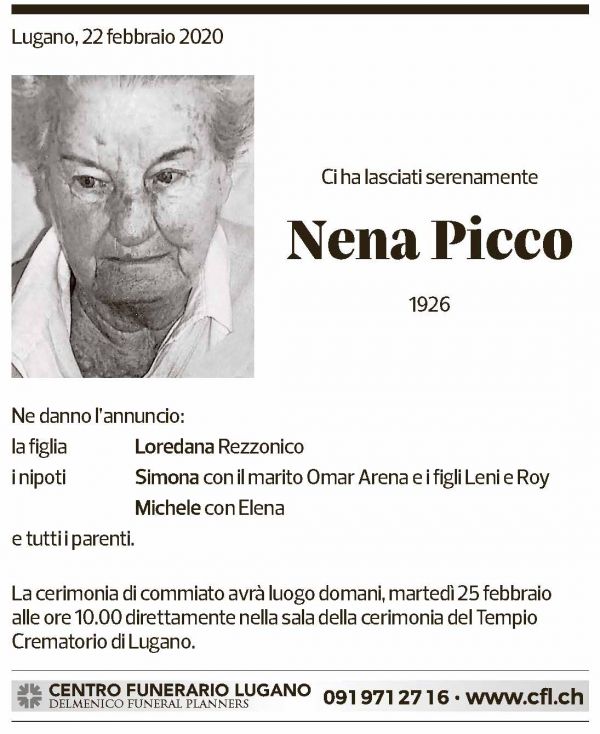 Annuncio funebre Nena Picco