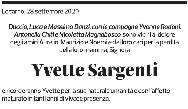 Annuncio funebre Yvette Sargenti