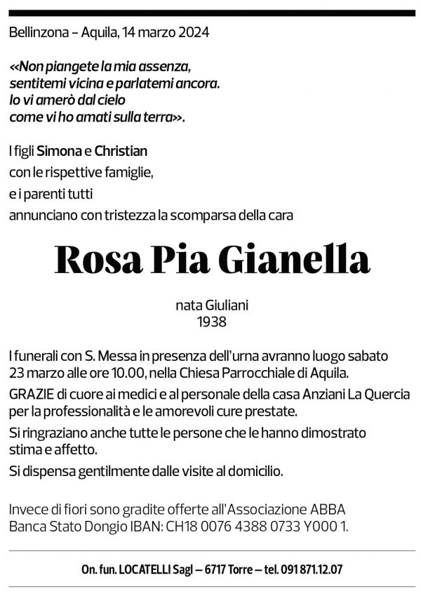 Annuncio funebre Rosa Pia Gianella