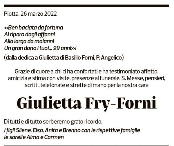 Annuncio funebre Giulietta Fry-forni